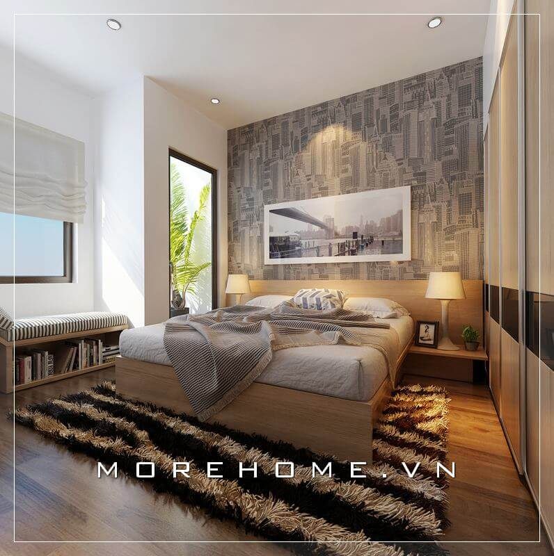 Giường ngủ gỗ công nghiệp với gam màu vàng gỗ, thiết kế theo phong cách hiện đại, đơn giản mang lại cho không gian phòng ngủ chung cư thêm phần sinh động, thoải mái hơn